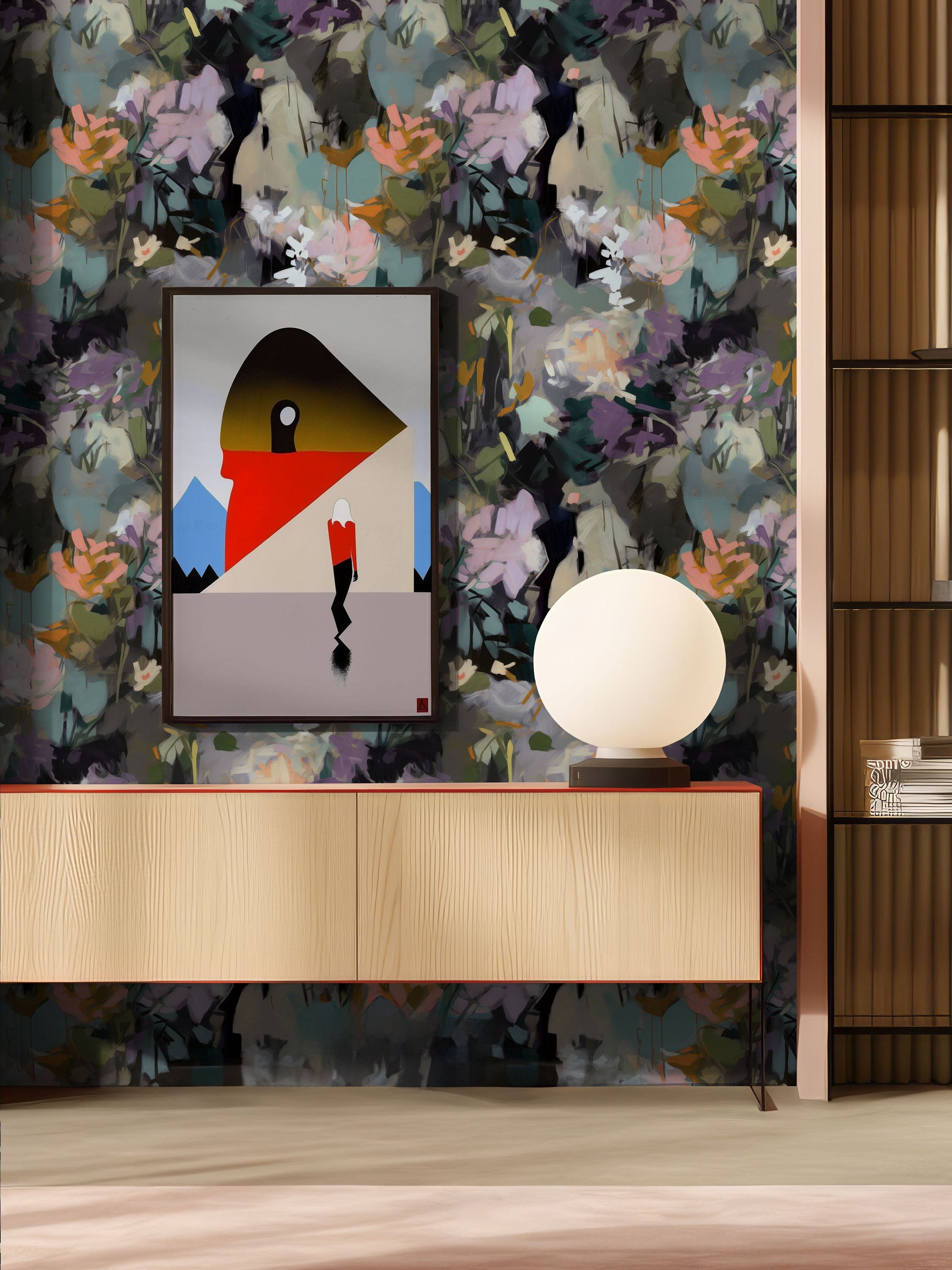 Abstract floral wallpaper feature wall in rich green and muted pink tones, styled with a modern wooden sideboard, spherical table lamp, and graphic art print.