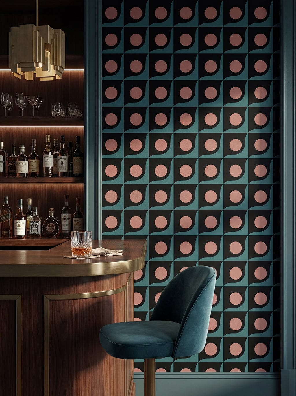 Bar area with a blue chair and pink polka dot wall pattern