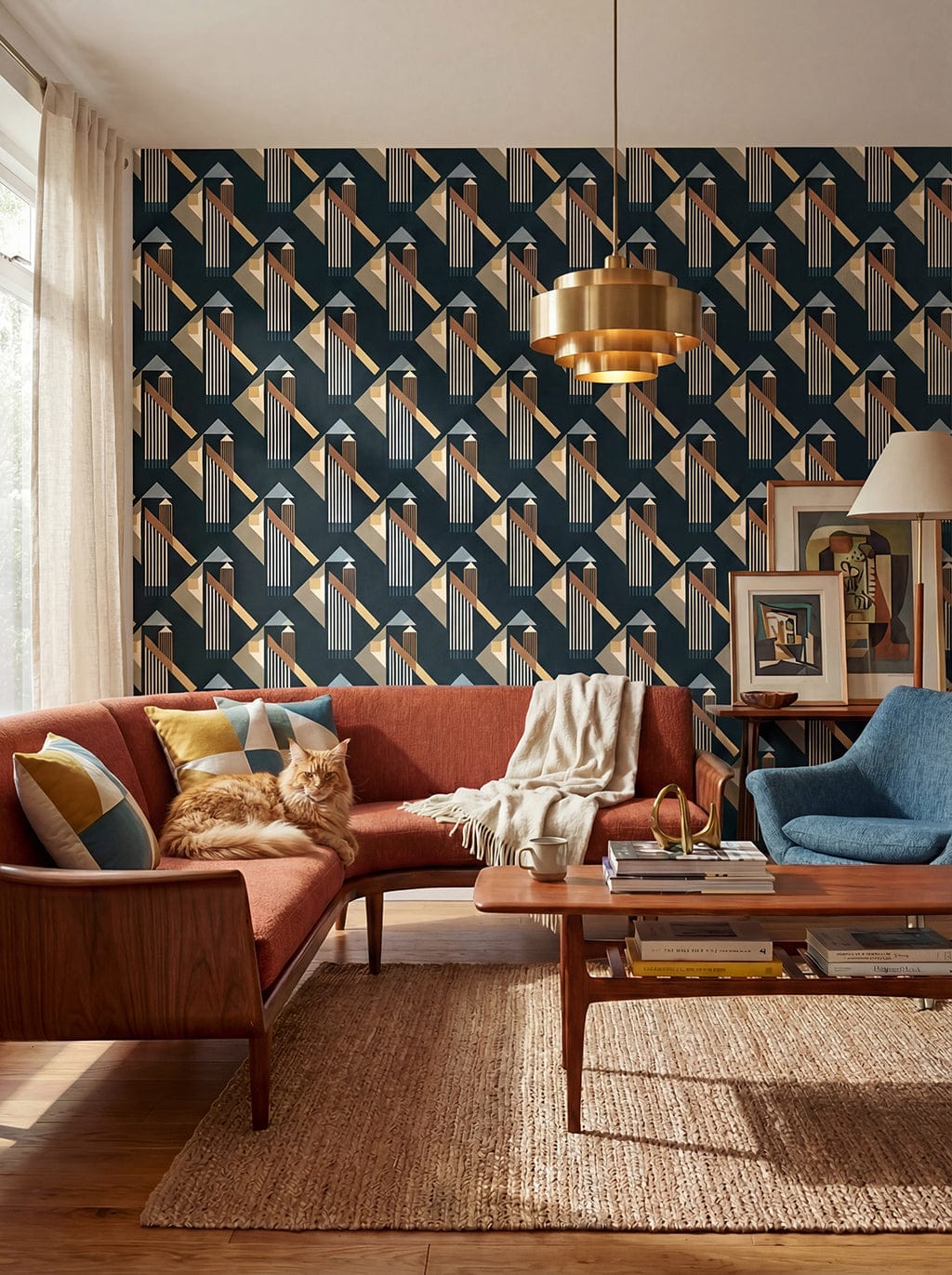 Living room with geometric patterned wallpaper, red sofa, and wooden coffee table.