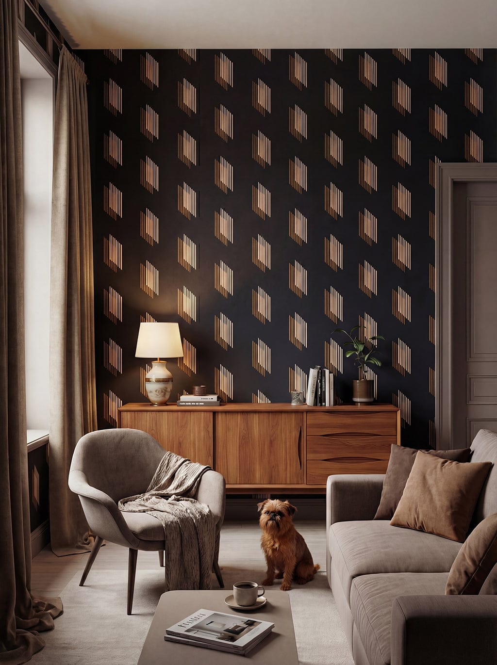 Living room with patterned wallpaper, wooden cabinet, and a dog sitting on the floor.