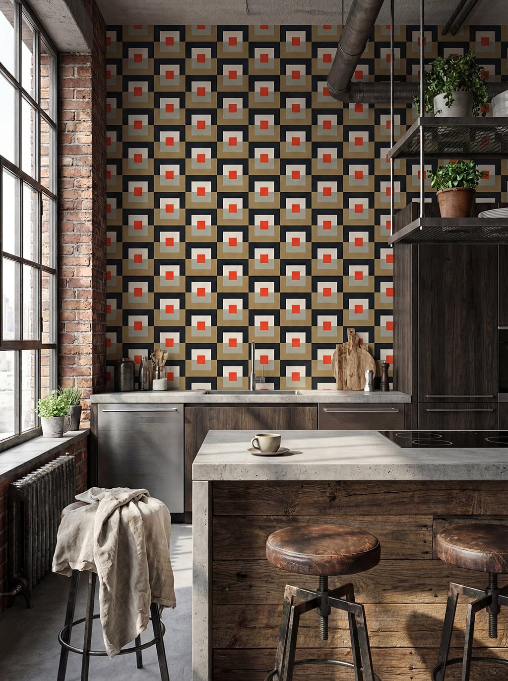 Modern kitchen with geometric patterned wallpaper, wooden island, and stools.