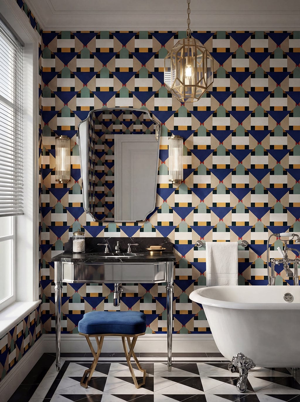 Bathroom with geometric patterned wallpaper, sink, mirror, and bathtub.