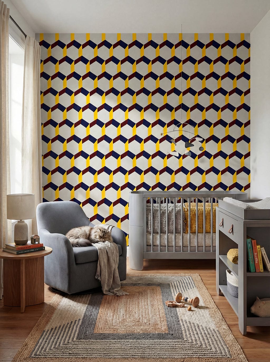 Nursery room with geometric patterned wall, crib, and baby items.
