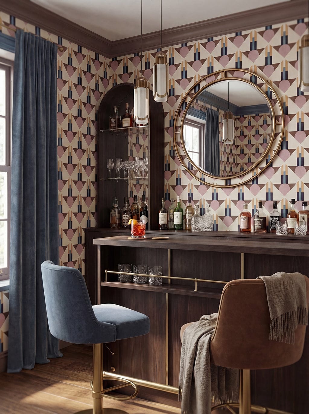Modern bar area with patterned wallpaper, bar stools, and a mirror.