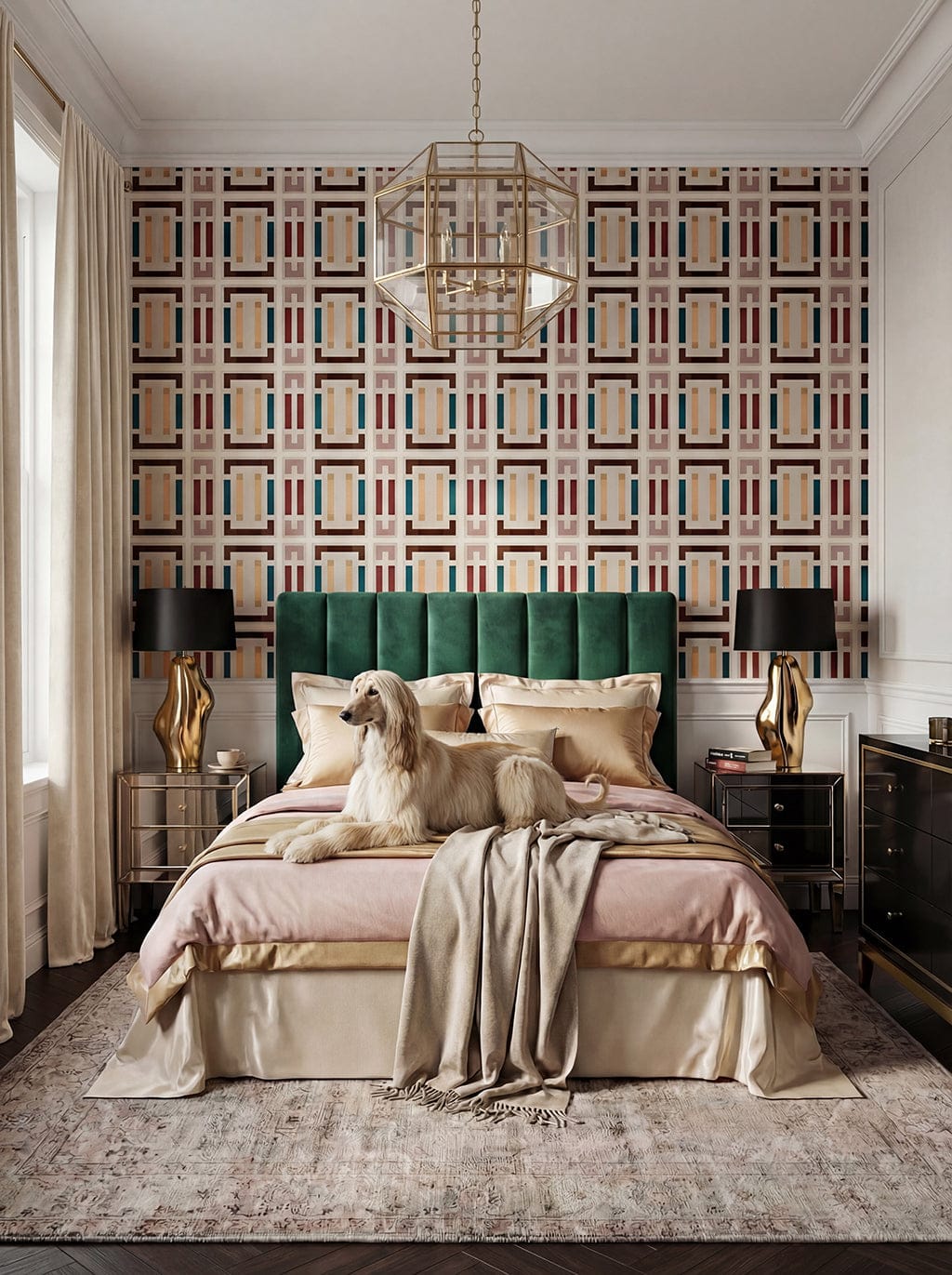 Luxurious bedroom with patterned wallpaper, green headboard, and decorative pillows.