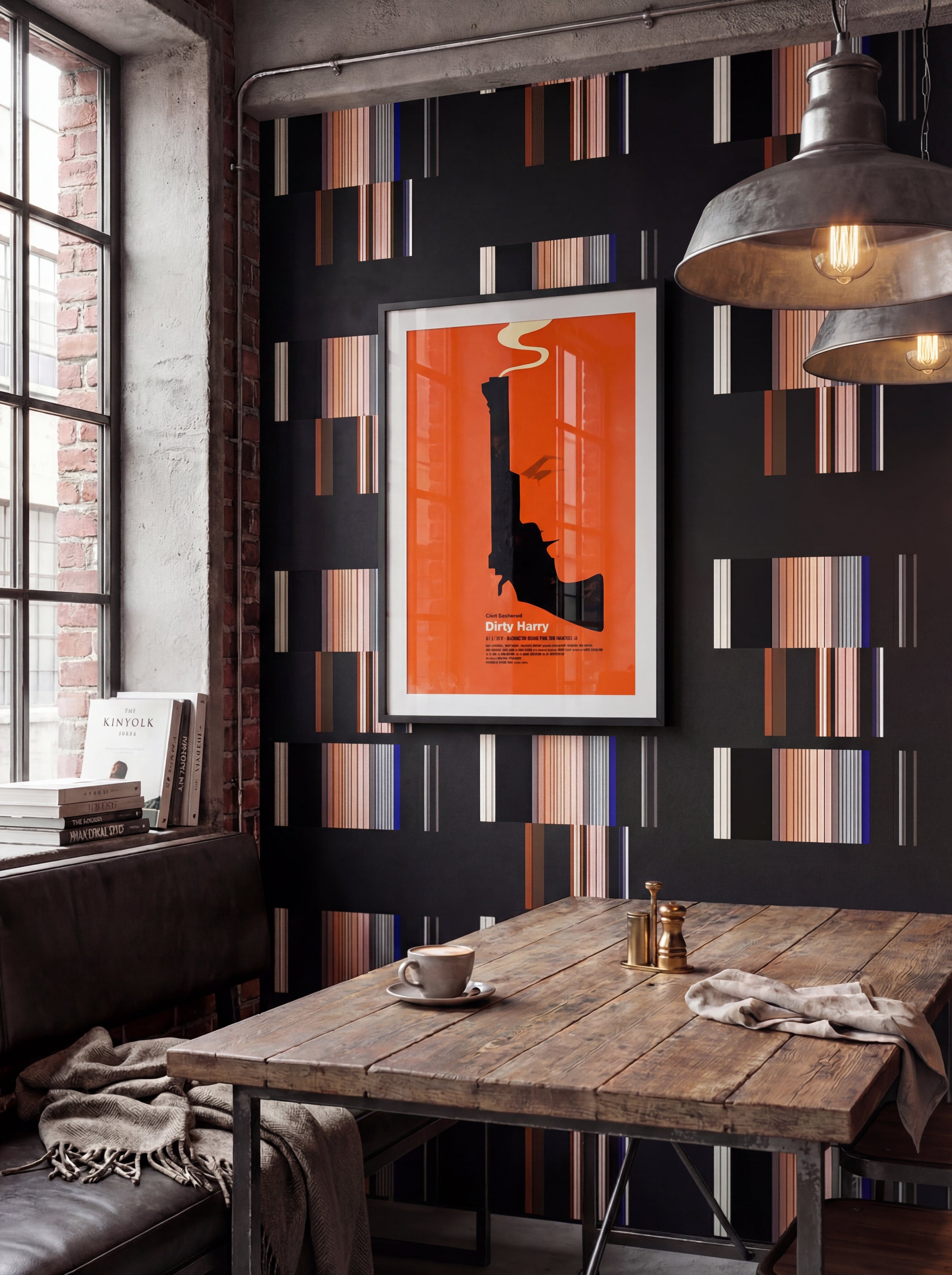 Dining room with wooden table, patterned wall, and pendant lights.