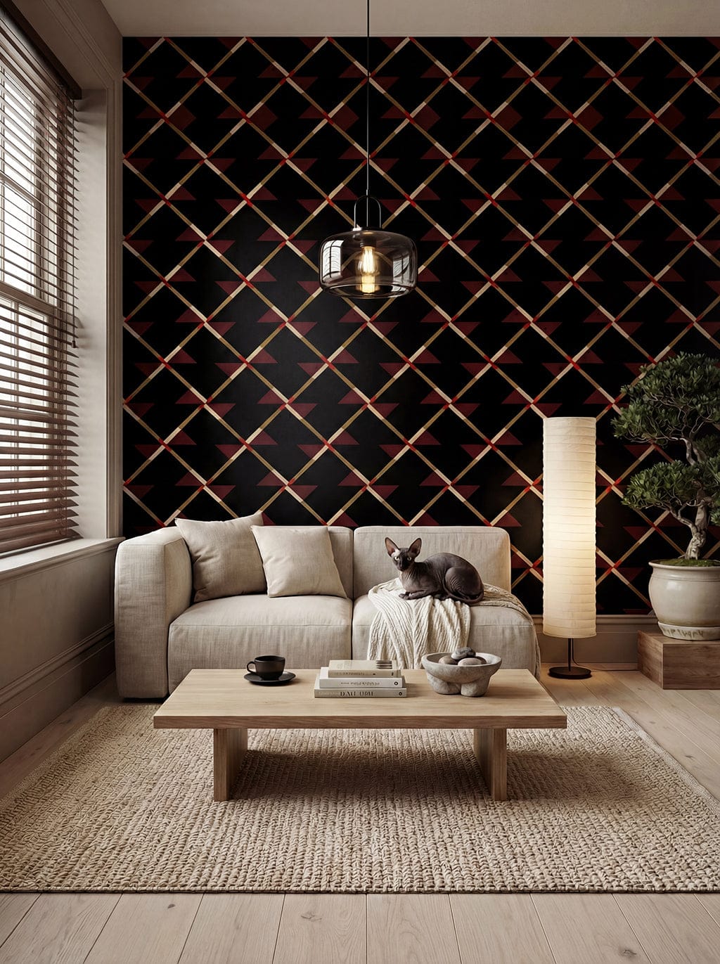 Modern living room with geometric wall design, beige sofa, and wooden coffee table.