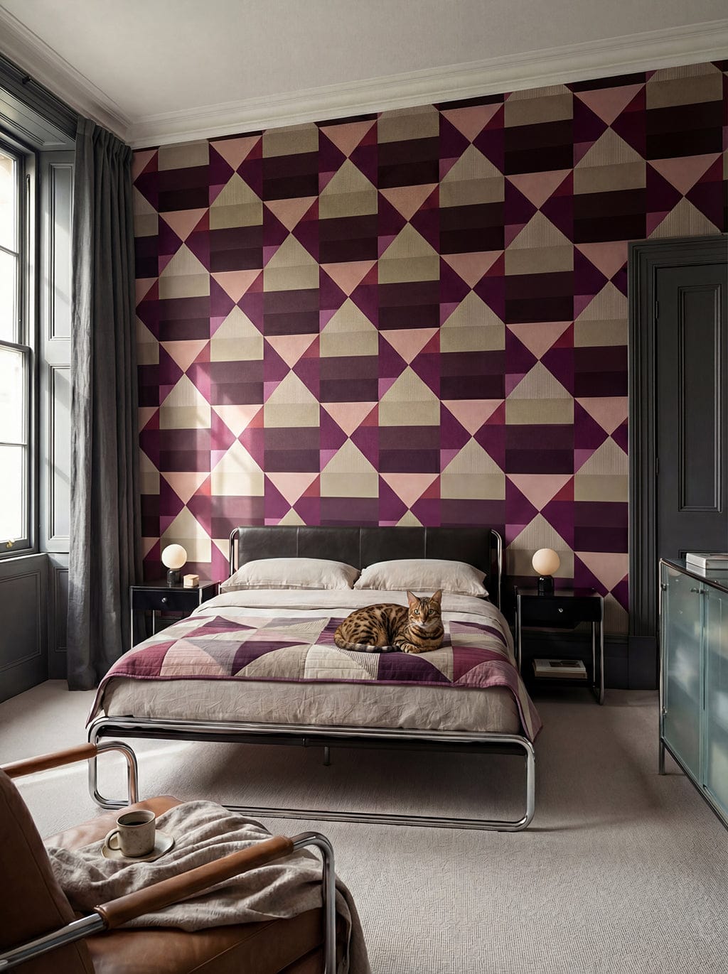 Modern bedroom with geometric patterned wall, bed, and side tables.