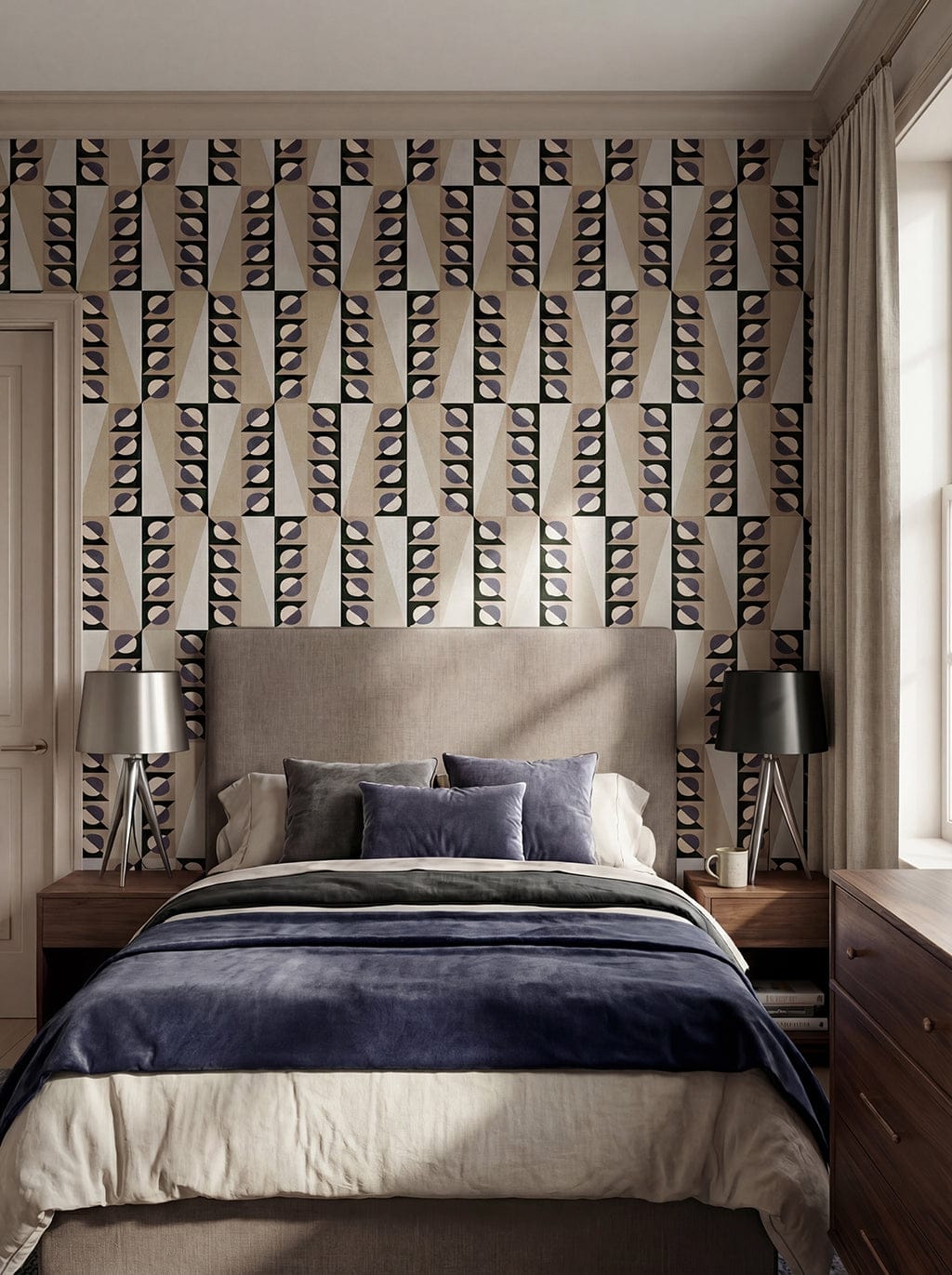 Modern bedroom with patterned wall, bed, and nightstands.