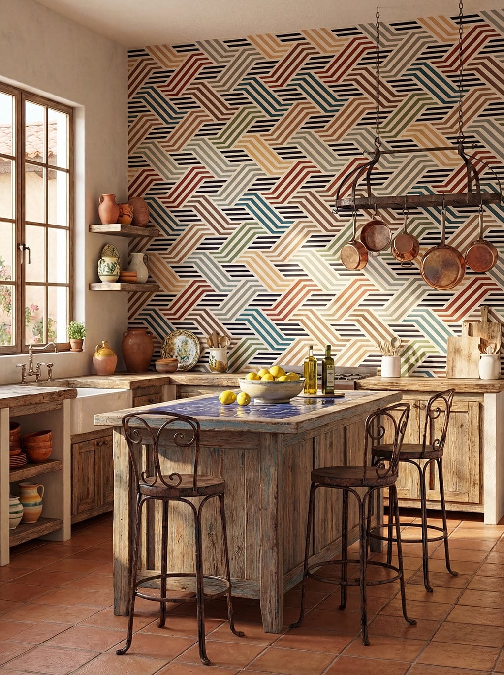 Kitchen with wooden island, stools, and colorful geometric wall pattern.