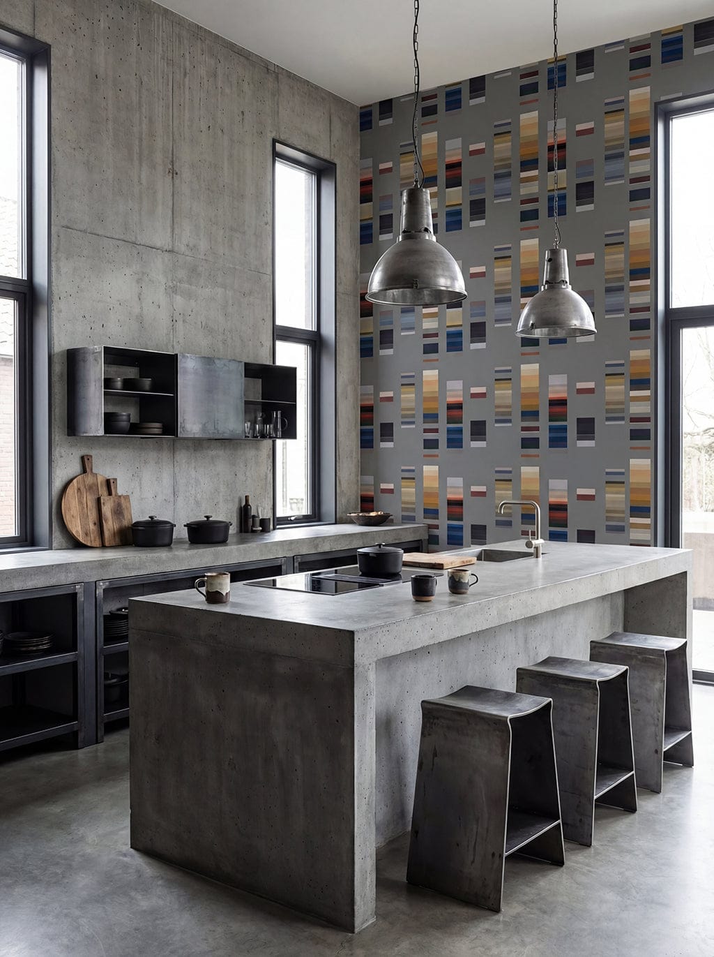 Statement geometric striped wallpaper by a contemporary wallpaper design brand, styled in a modern industrial kitchen.