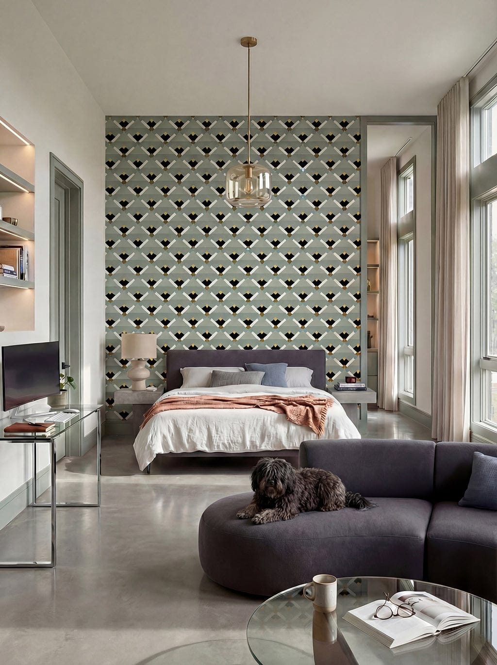 Modern bedroom with geometric wallpaper, gray sofa, and dog on a rug.