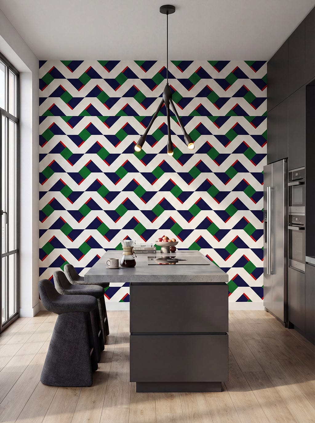 Modern kitchen with a colorful geometric wall pattern