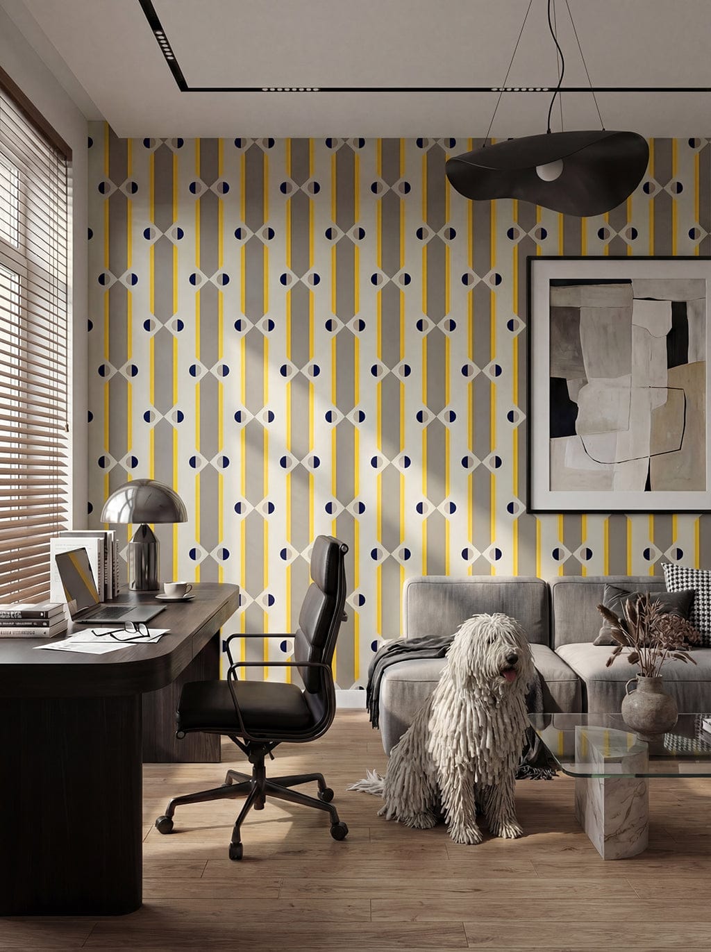 Modern office with yellow and white geometric patterned wallpaper, desk, chair, and a dog.