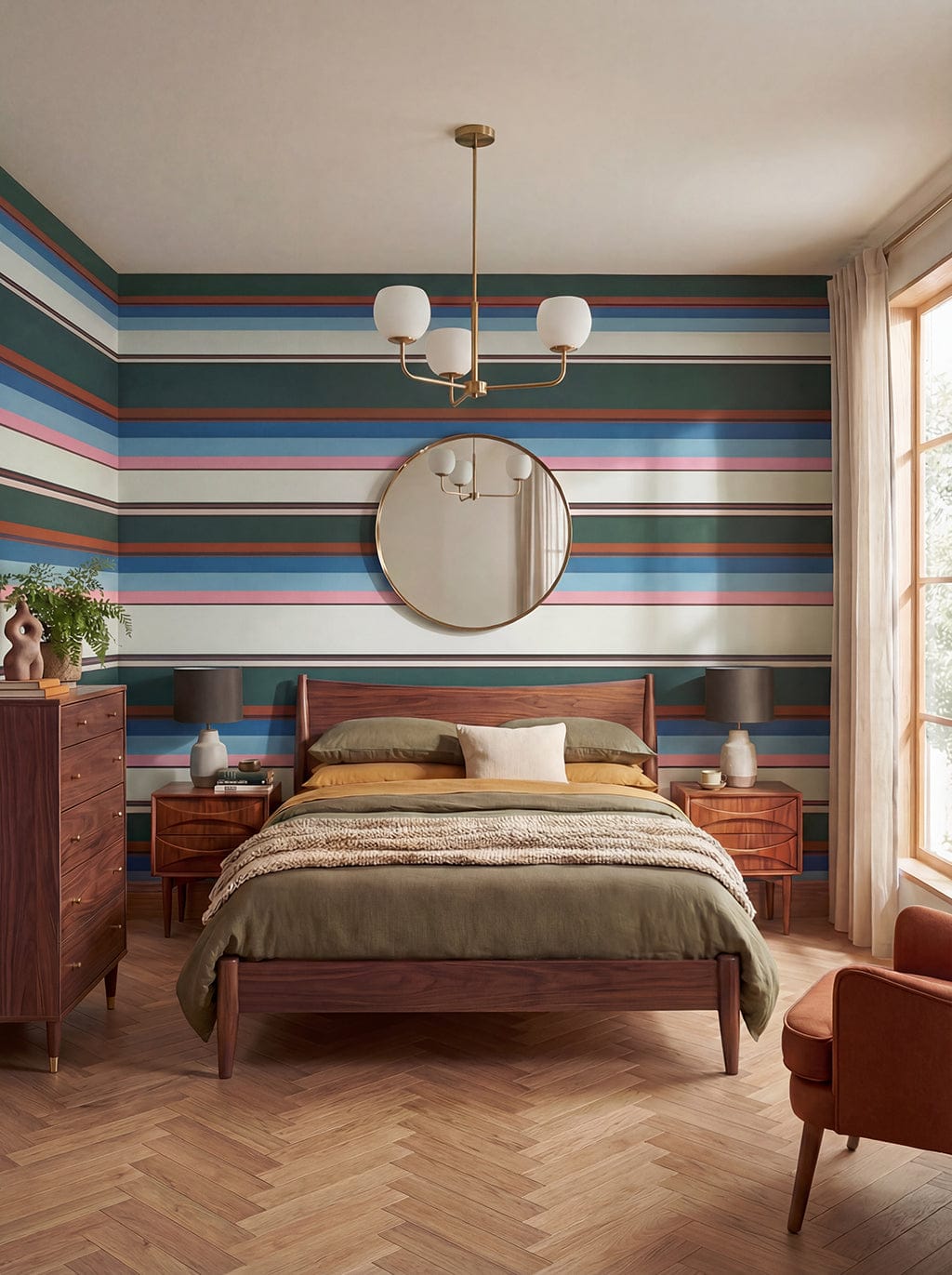 Modern bedroom with striped wall, wooden furniture, and a chandelier.