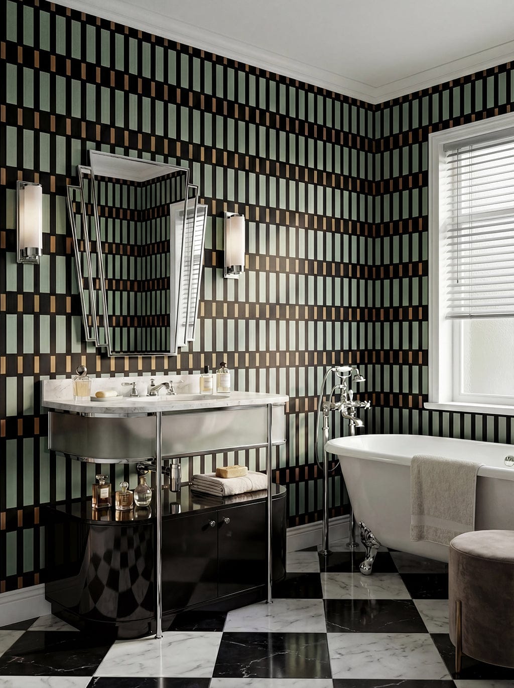 Bathroom with black and white checkered floor, freestanding bathtub, and patterned walls.