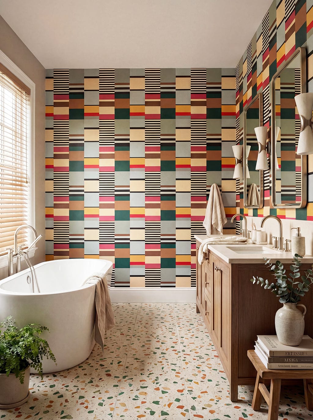 Modern bathroom with colorful geometric wall tiles and wooden vanity.