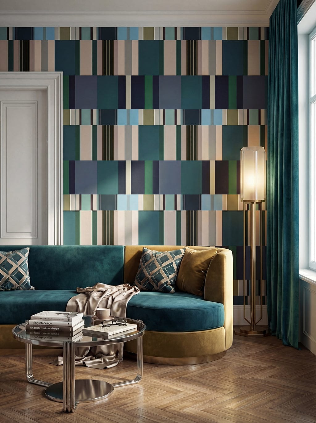 Modern living room with a blue and gold sofa, patterned wall, and decorative pillows.