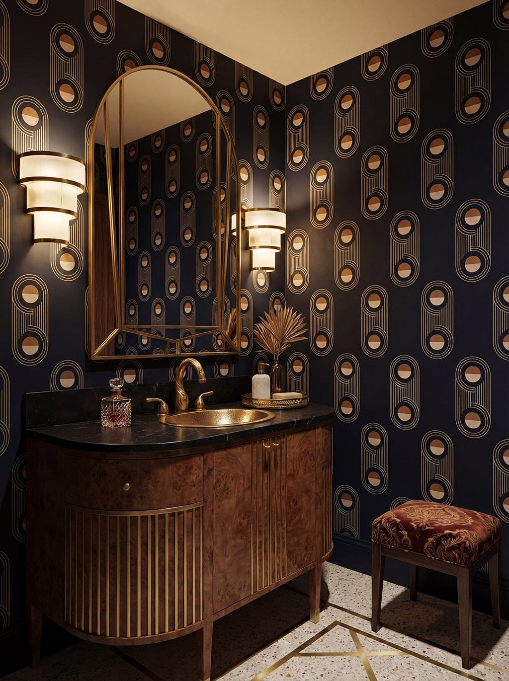 Luxurious bathroom with dark blue wallpaper featuring circular patterns, wooden vanity, and decorative elements.