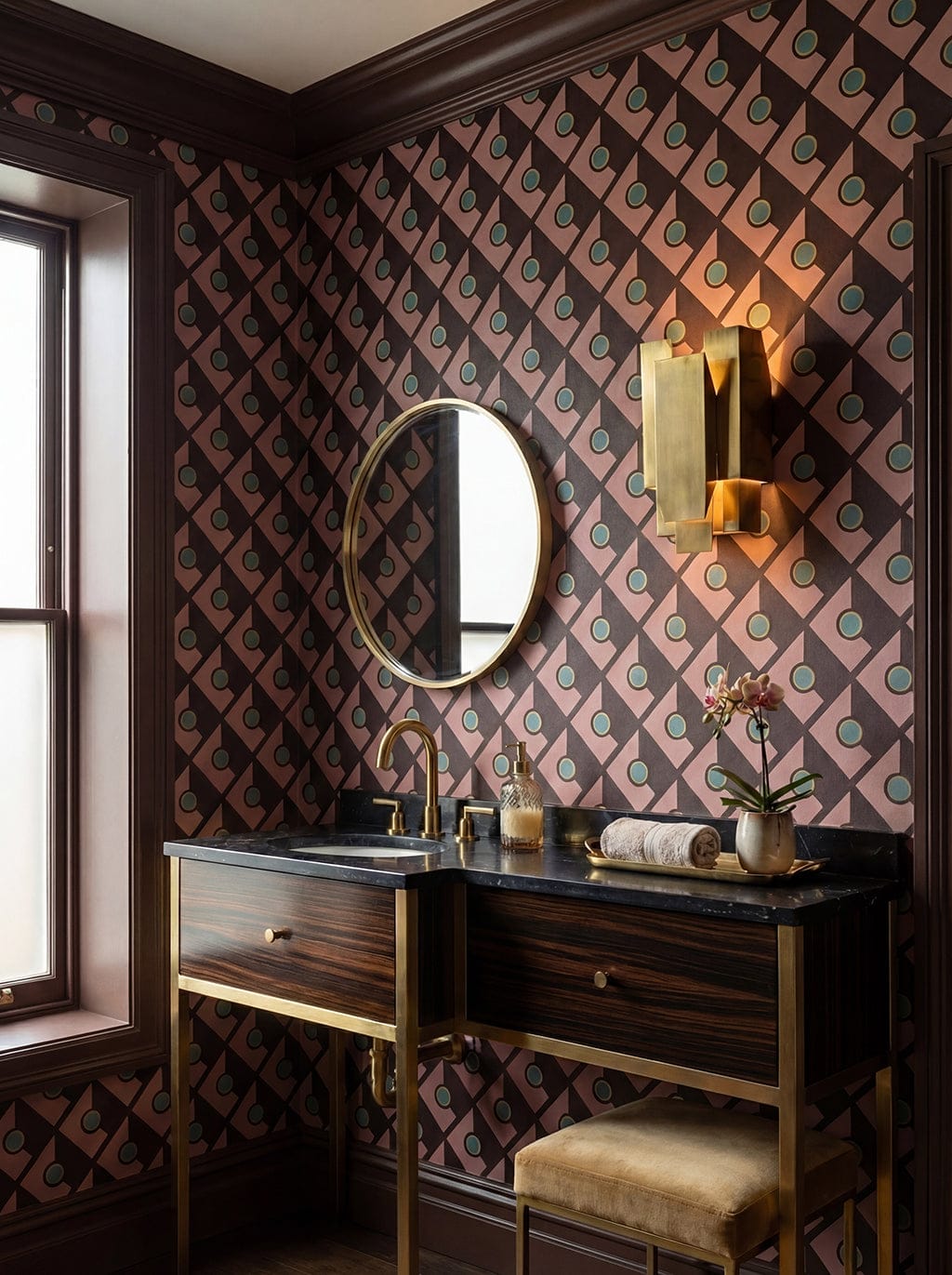 Bathroom with patterned wallpaper, round mirror, and vanity.