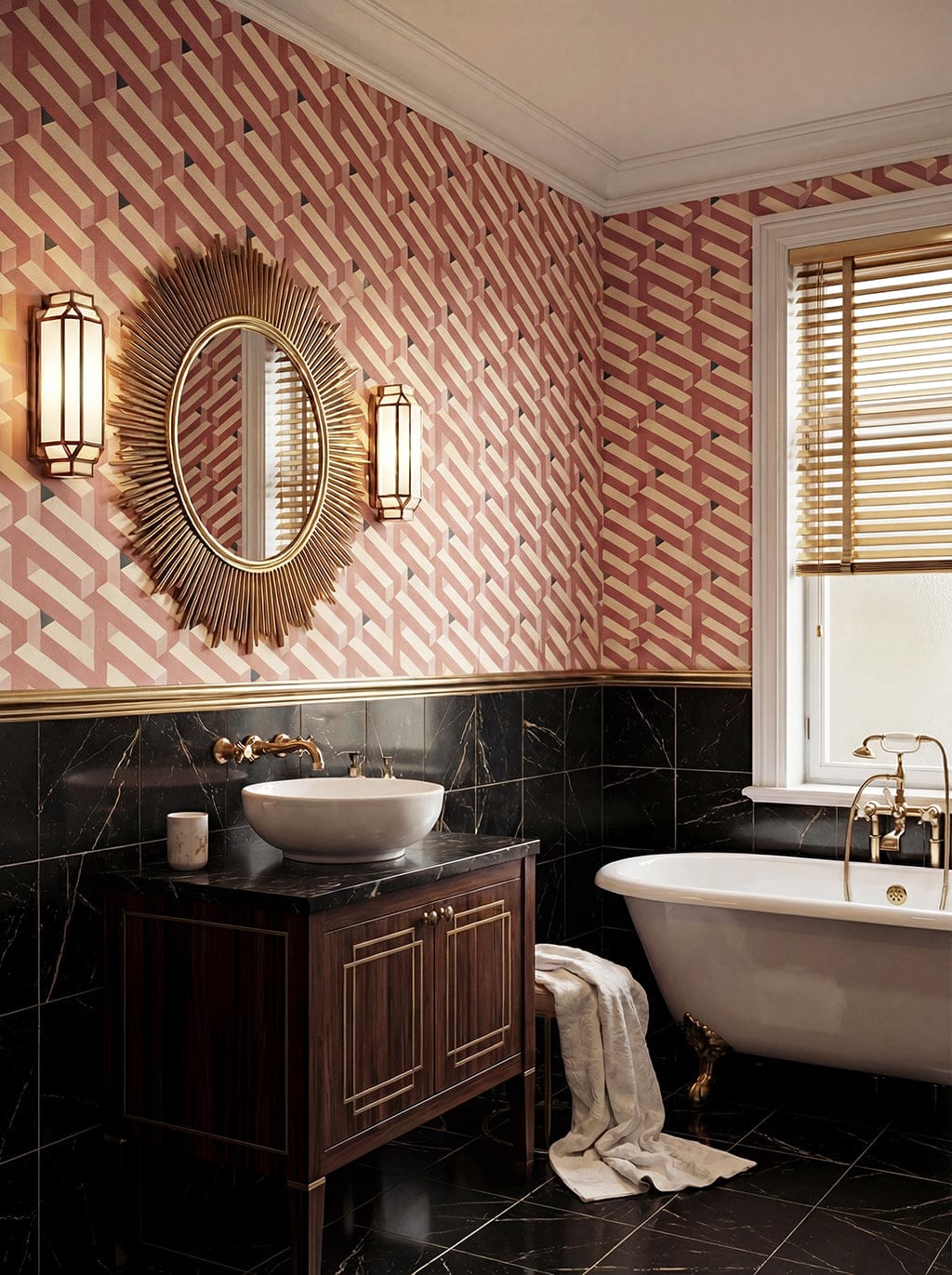 Bathroom with geometric pink and white wall pattern, freestanding bathtub, and wooden vanity.