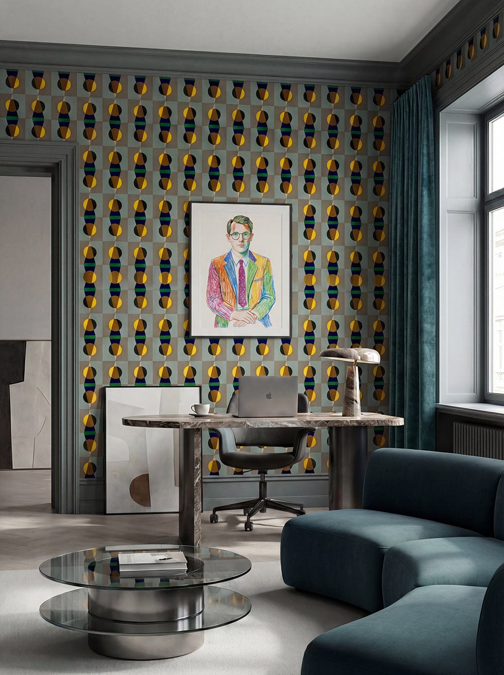 Modern office interior with a decorative wall, desk, and artwork.