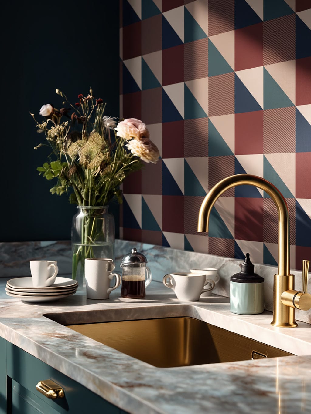 Kitchen counter with sink, faucet, and decorative elements against a geometric-patterned wall.