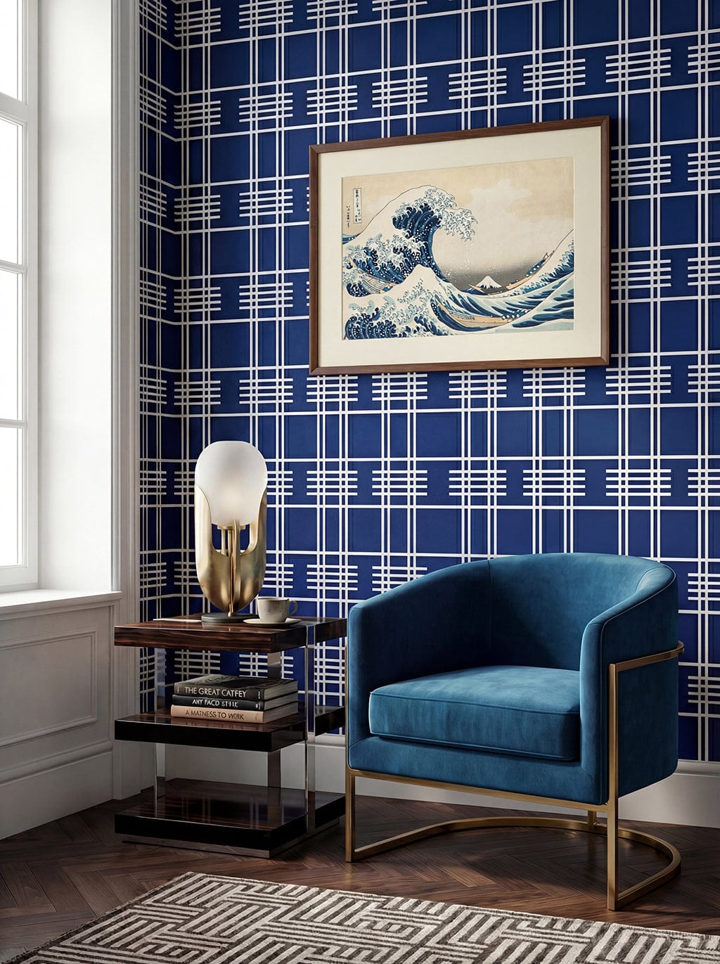 Modern interior with blue armchair, side table, and framed artwork against a plaid wallpaper wall.