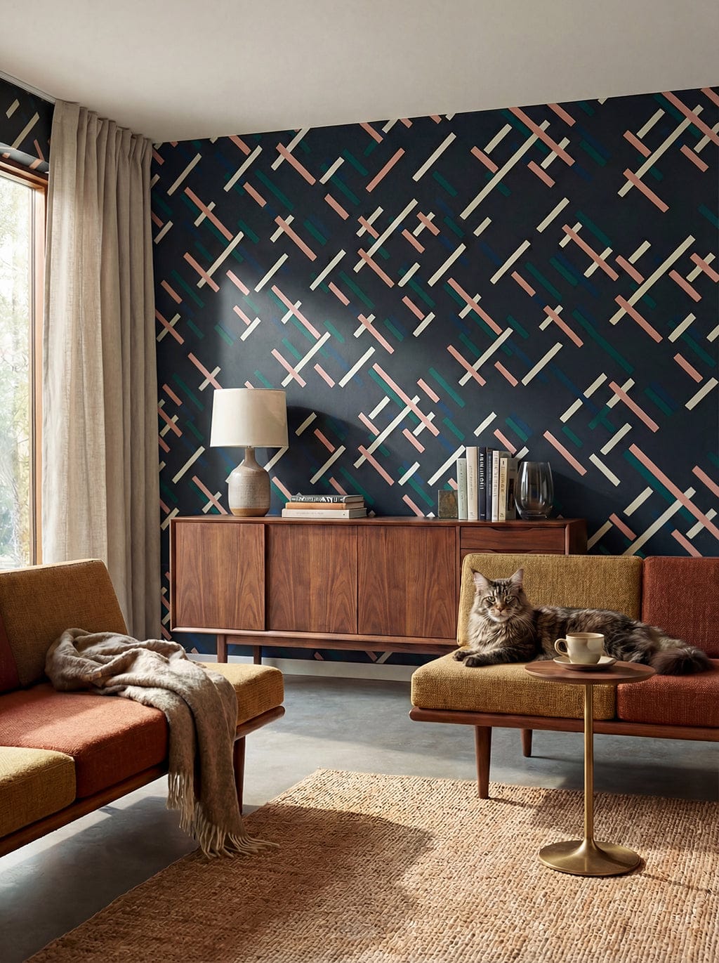 Living room with geometric patterned wallpaper, wooden furniture, and a cat on a sofa.