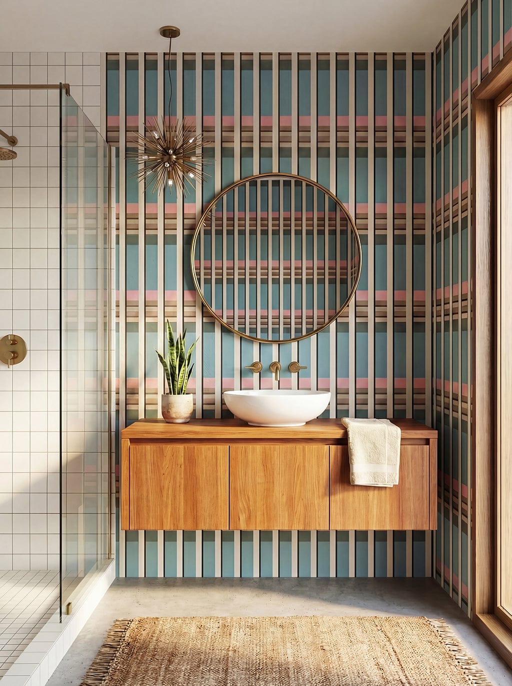 Bathroom with wooden vanity, round mirror, and striped wall.