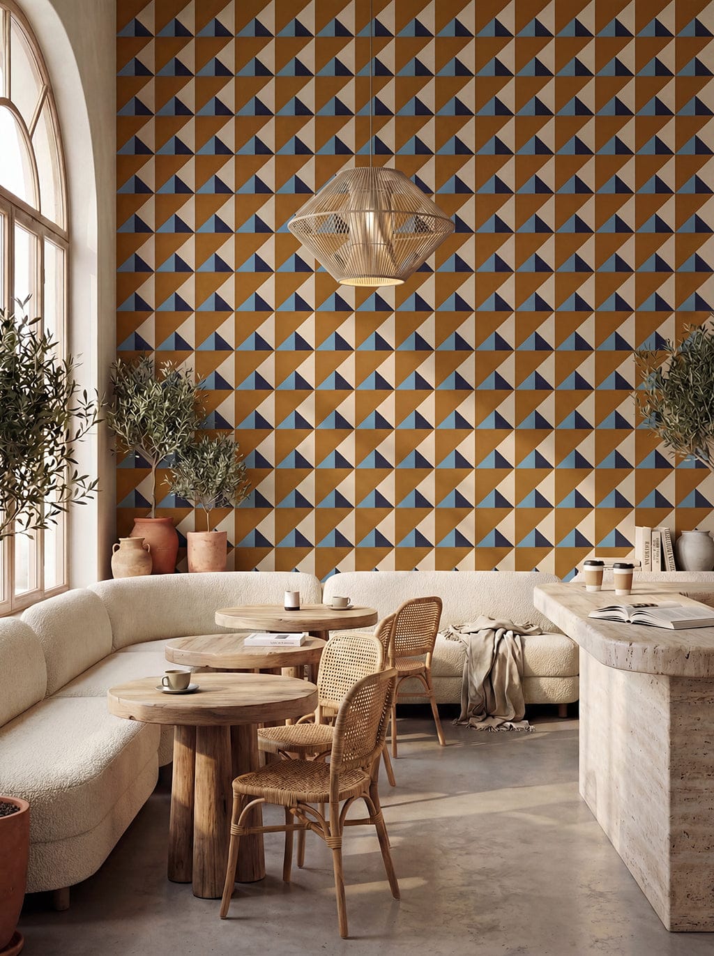 Modern interior with geometric patterned wall, wooden furniture, and plants.