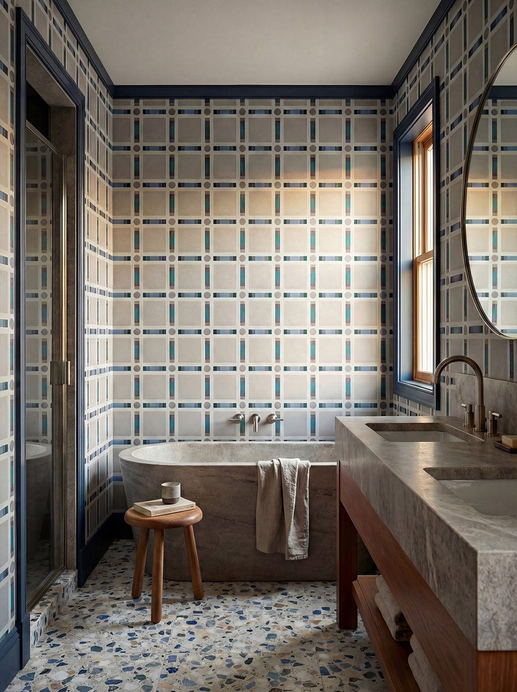 Bathroom with patterned tiles, bathtub, and vanity.