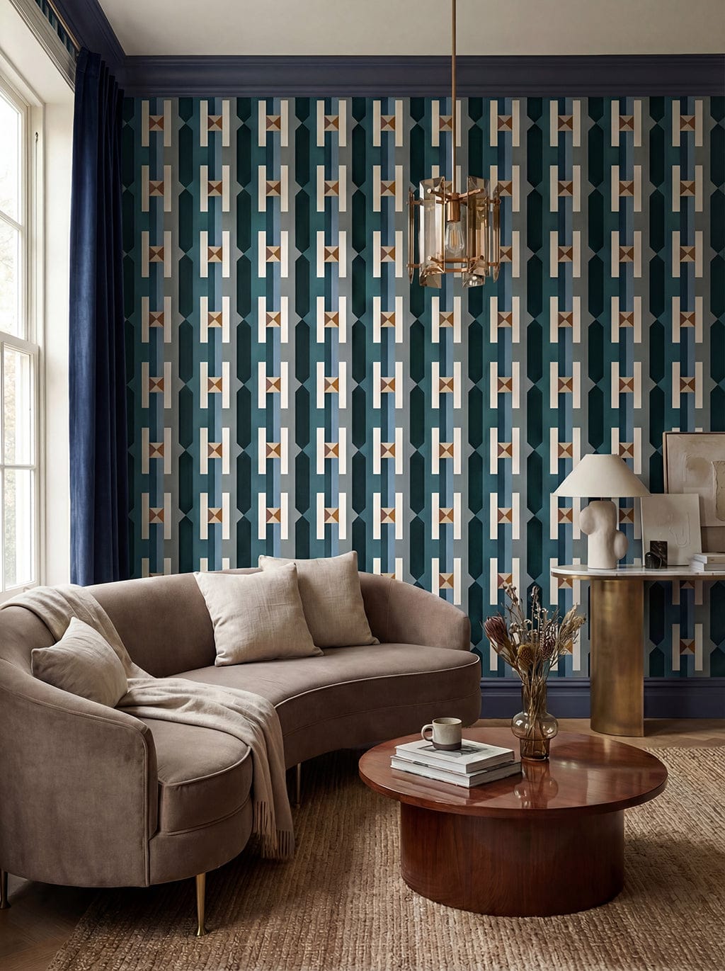 Modern living room with patterned wallpaper, beige sofa, and wooden coffee table.