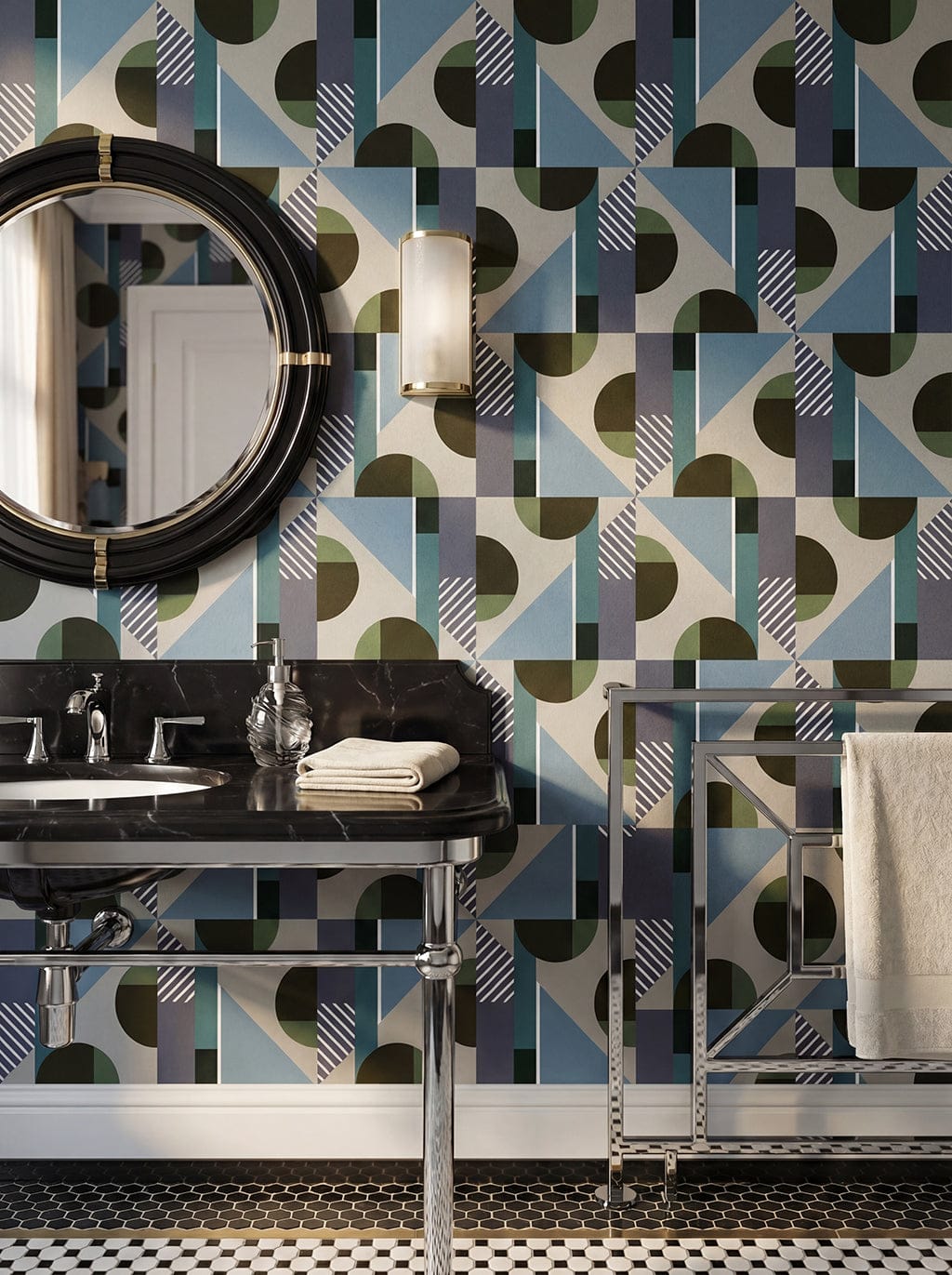 Bathroom with geometric patterned wallpaper, black sink, and mirror.