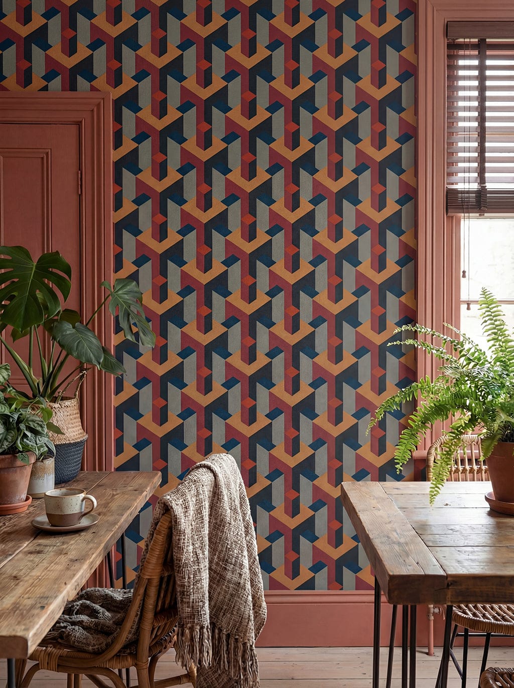 Dining area with geometric patterned wallpaper, wooden tables, and plants.