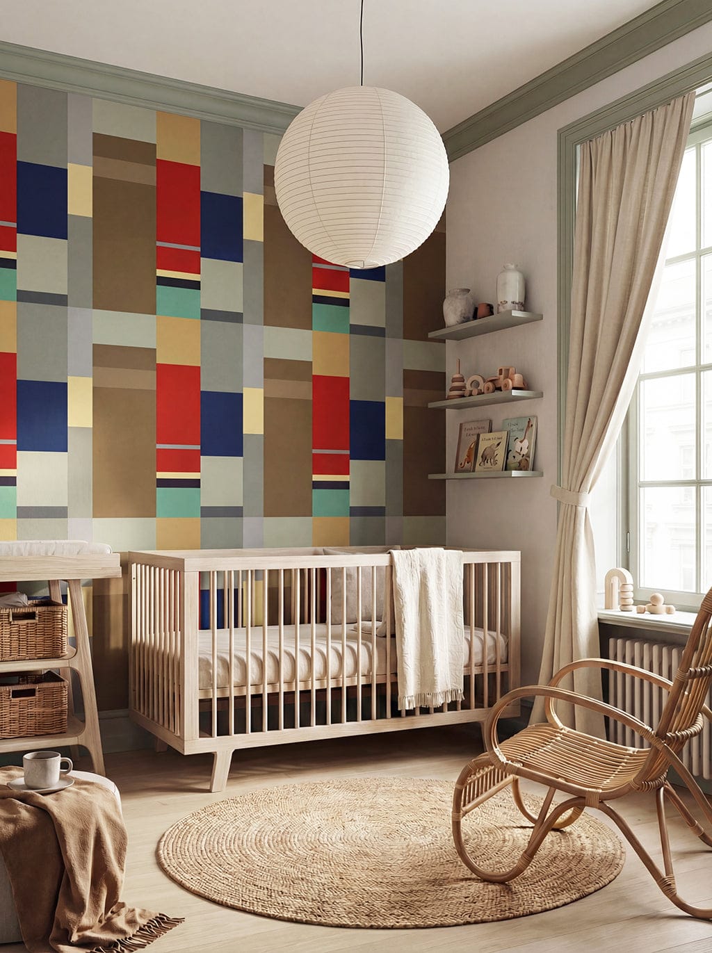 Nursery room with colorful geometric wall design, crib, and rocking chair.