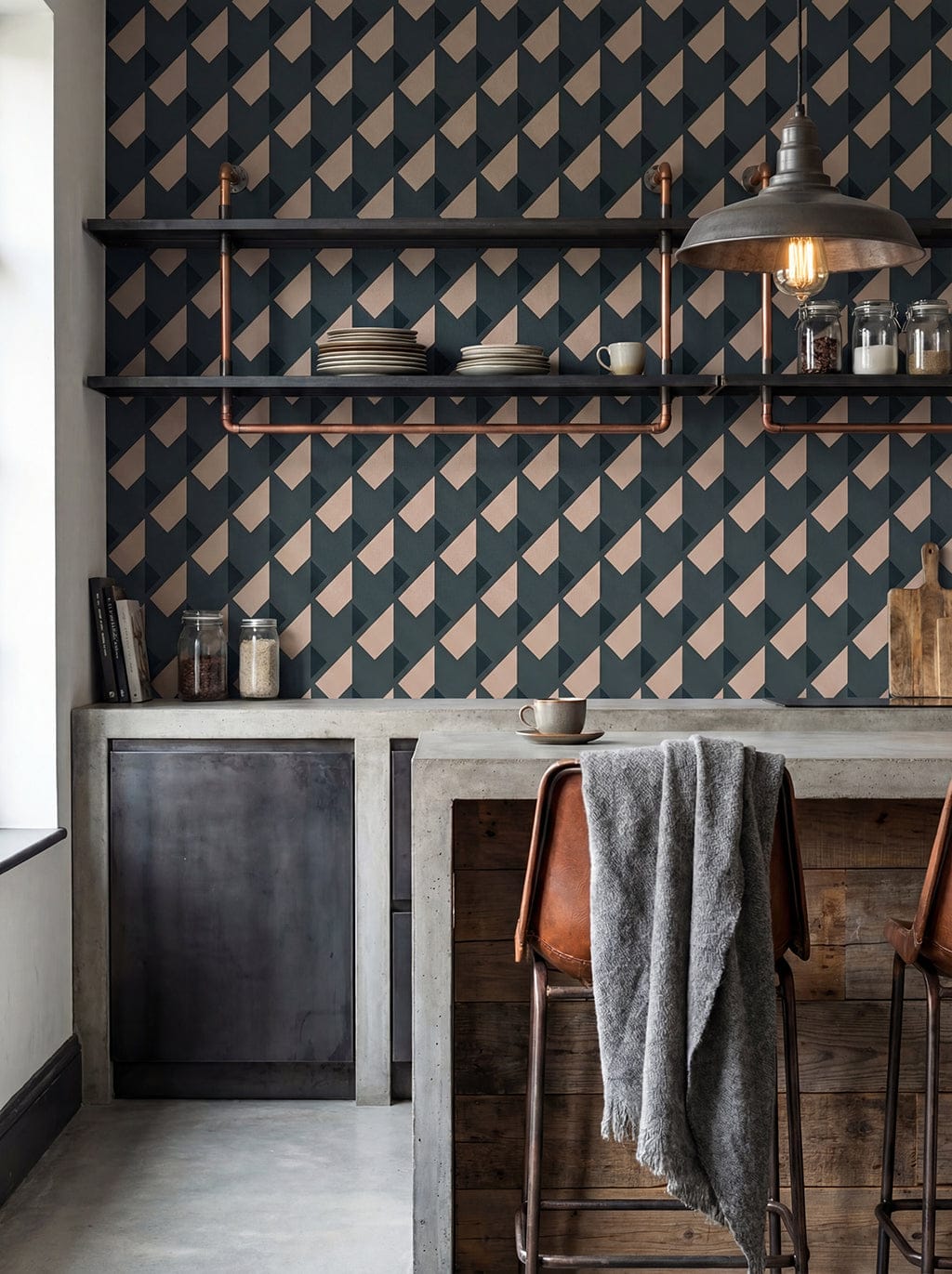 Modern kitchen with geometric patterned wall, shelves, and wooden chairs.
