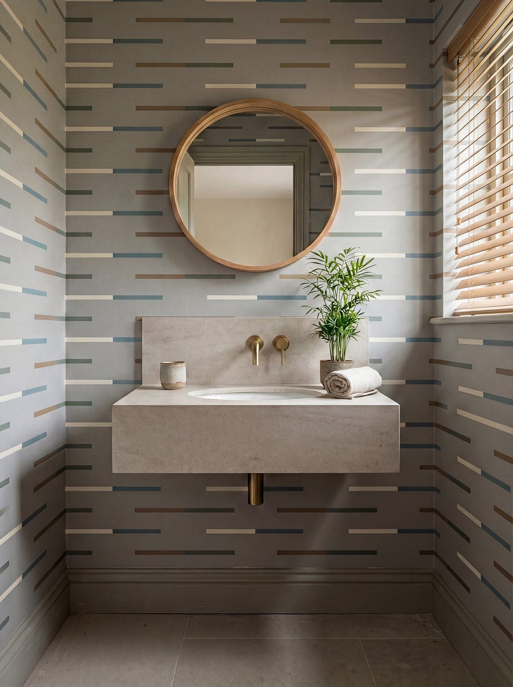 Modern bathroom with a floating sink, round mirror, and striped wallpaper.