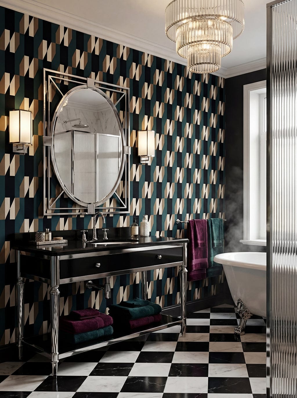Luxurious bathroom with geometric wallpaper, checkered floor, and modern fixtures.