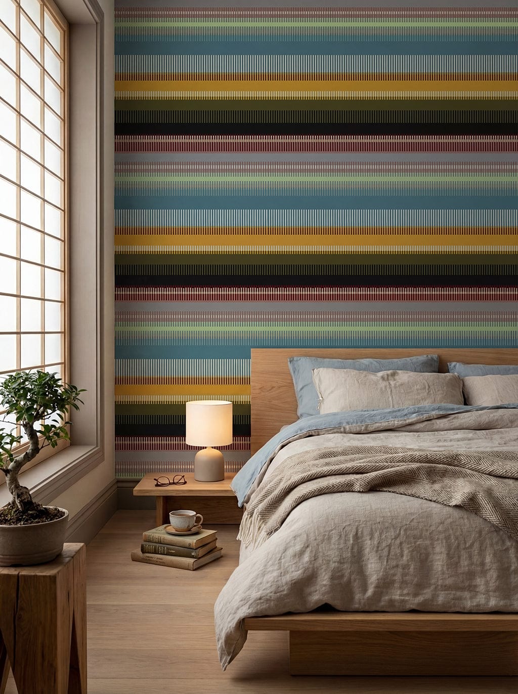 Bedroom with a colorful striped wall, bed, and side table.