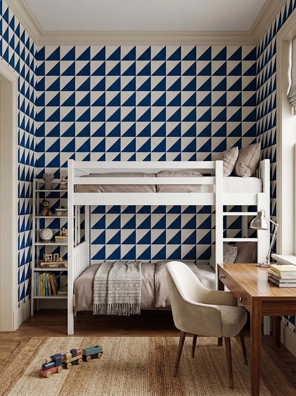 Children's room with blue and white geometric wallpaper, bunk bed, desk, and chair.