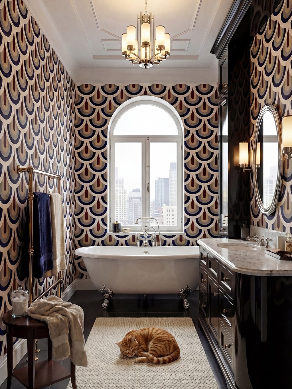Luxurious bathroom with patterned wallpaper, freestanding bathtub, and a cat on the floor.