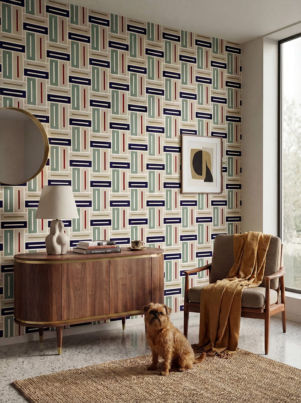 Modern living room with geometric wallpaper, wooden furniture, and a dog sitting on the floor.