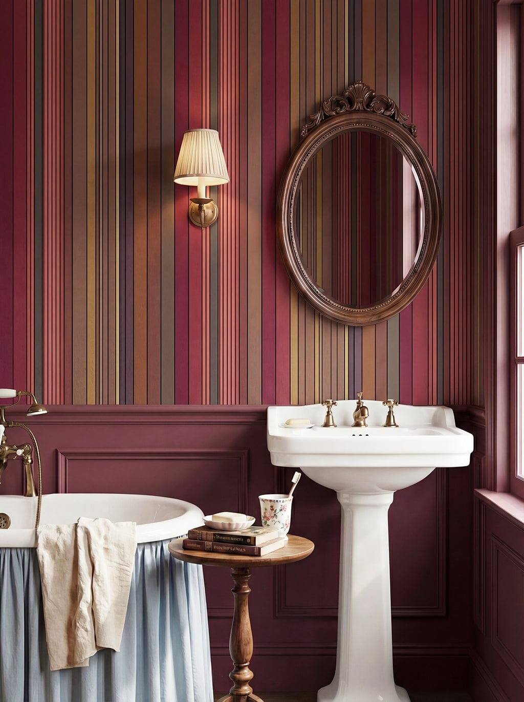 Vertical striped wallpaper in rich burgundy and earthy tones, styled in a classic bathroom interior.