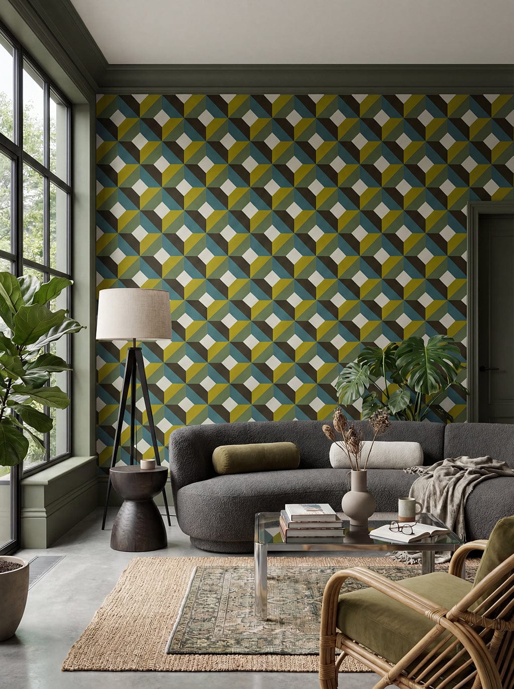 Modern living room with geometric patterned wall, gray sofa, and decorative elements.