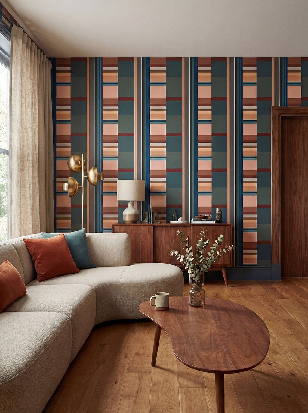Living room with a patterned wall, sofa, and coffee table.