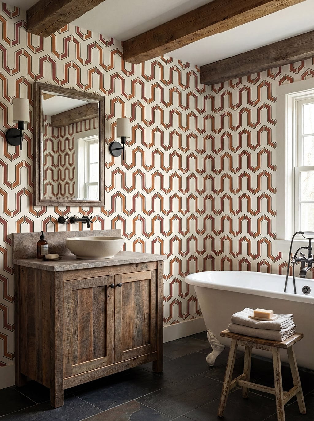 Bathroom with geometric patterned wallpaper, wooden vanity, and freestanding bathtub.