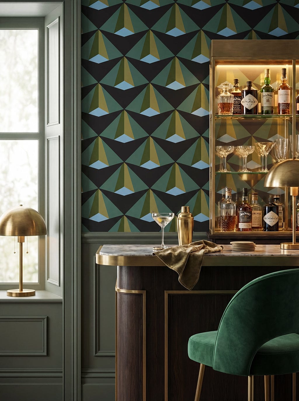 Modern bar setup with geometric wallpaper, green chair, and various bottles.