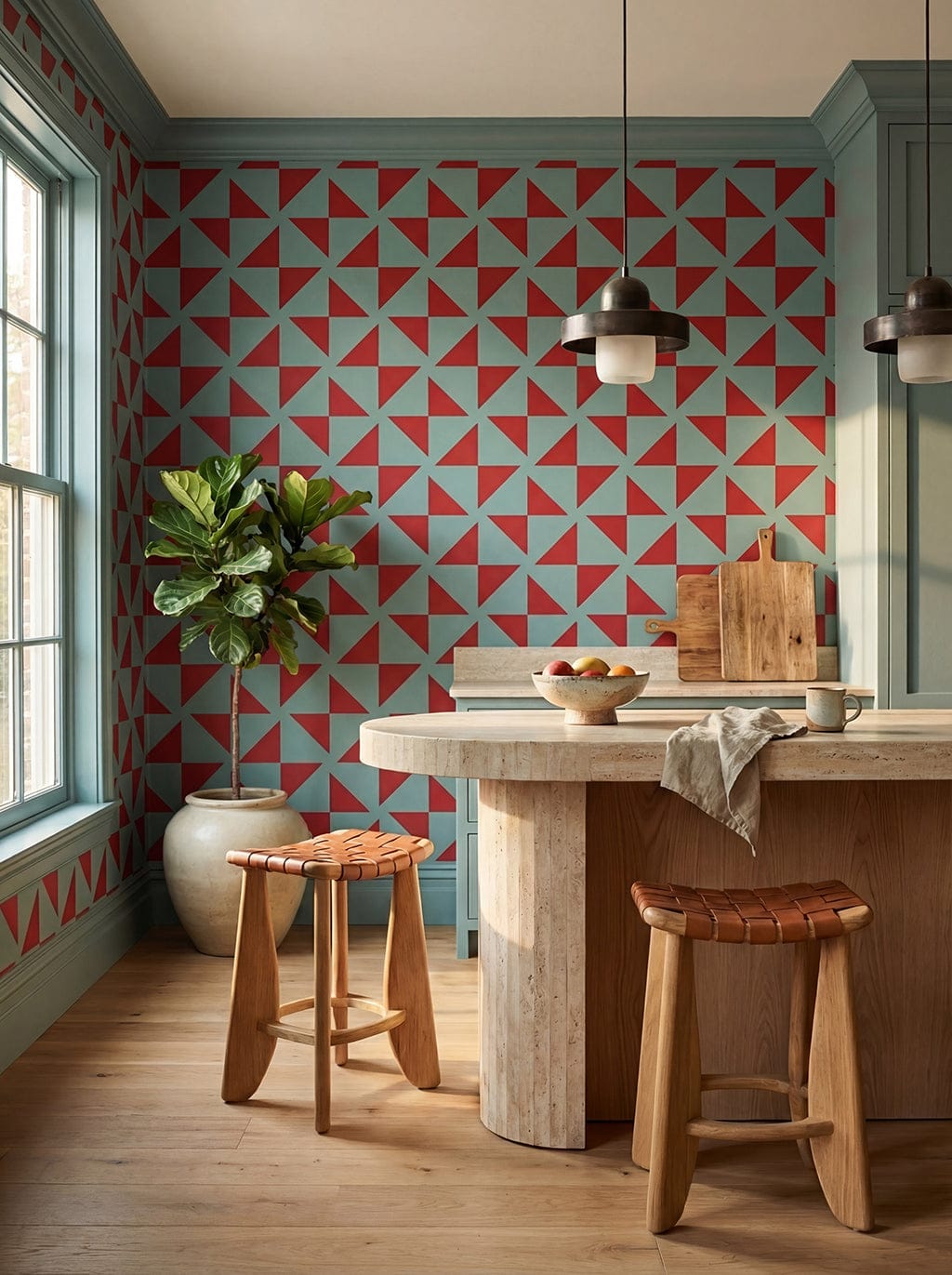 Modern kitchen with geometric patterned wall, wooden table, and stools.